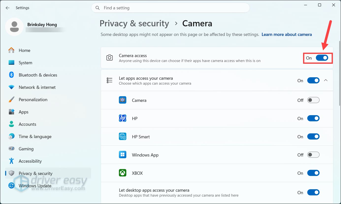 allow camera access on windows settings