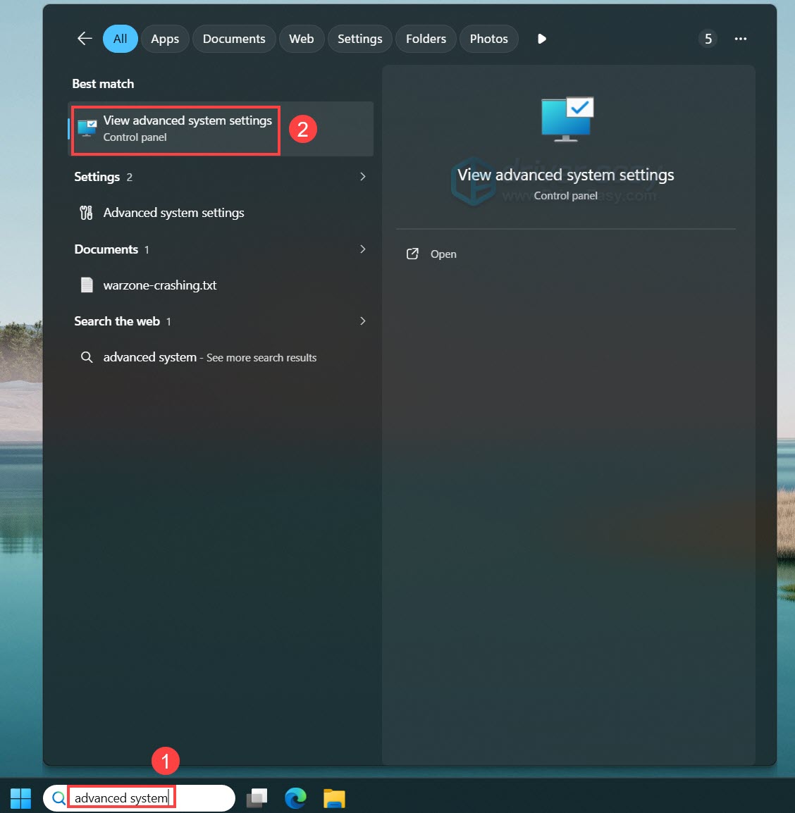 check advanced system settings on windows