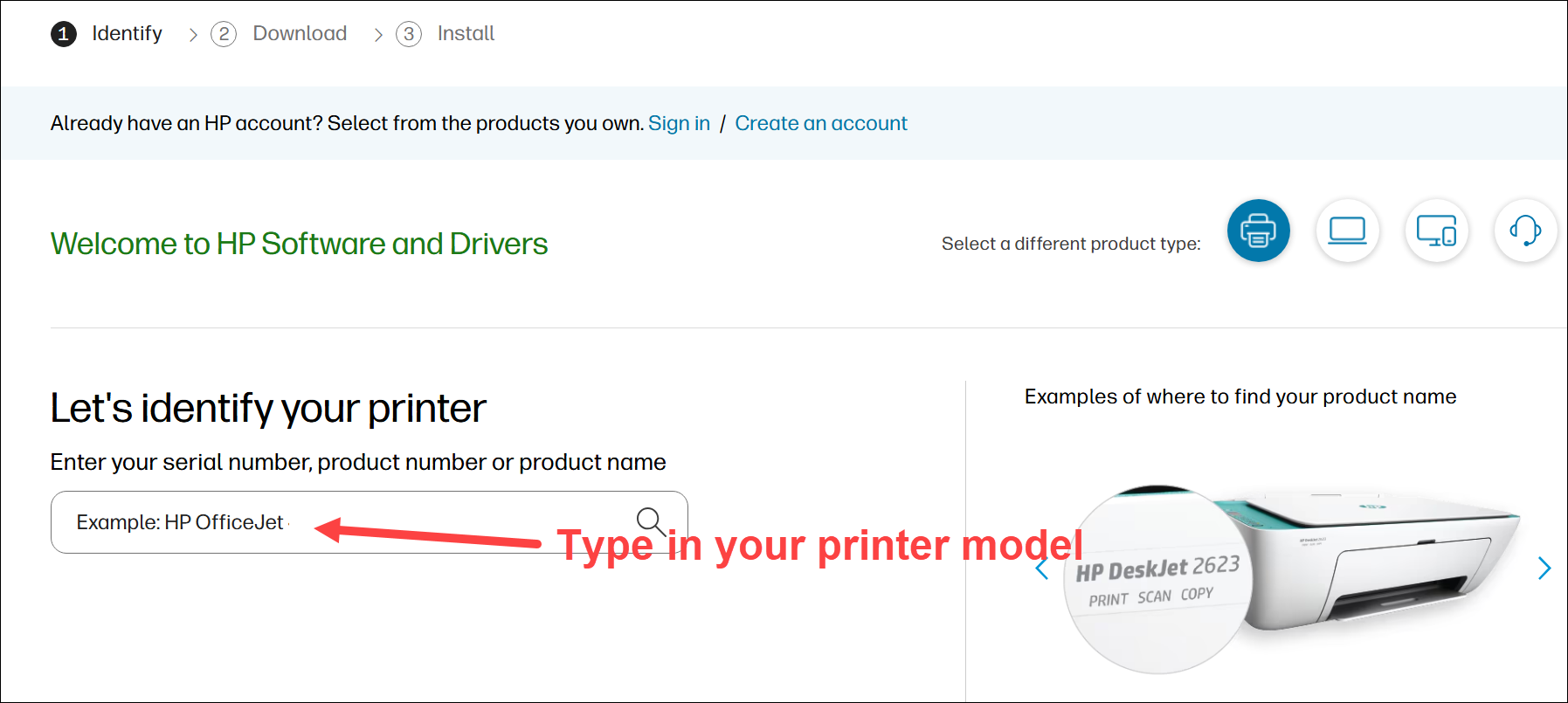 search for printer drivers from hp website