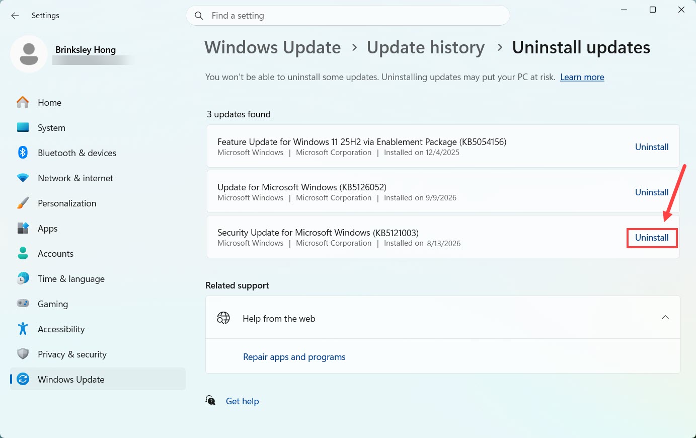 uninstall windows update KB121003