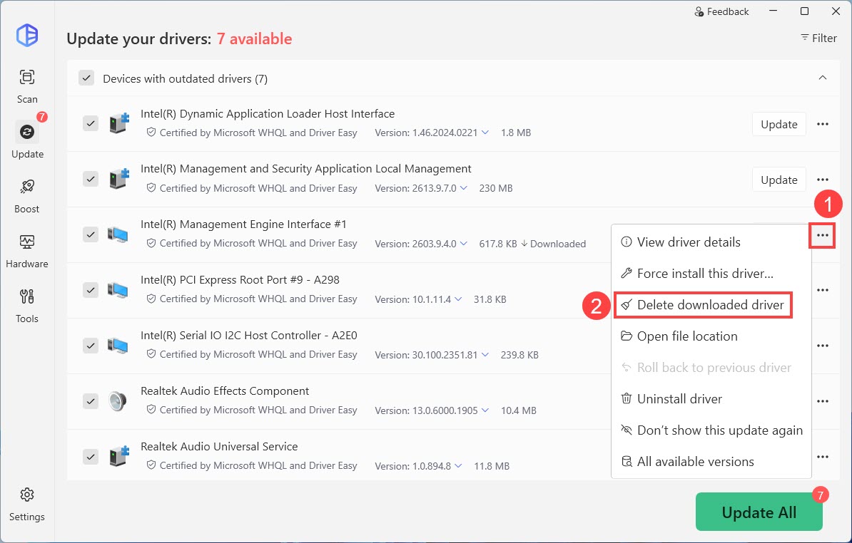 driver easy delete downloaded driver