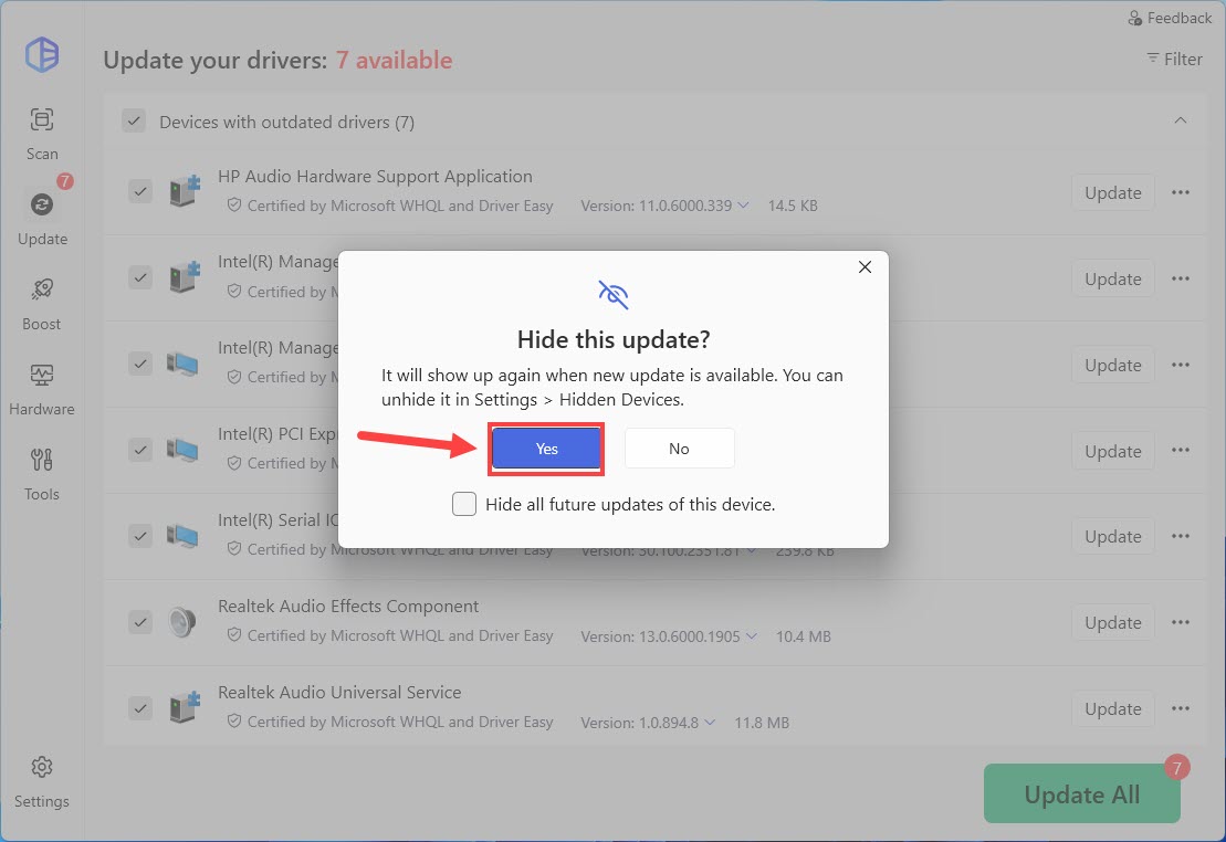 driver easy hide driver update confirm