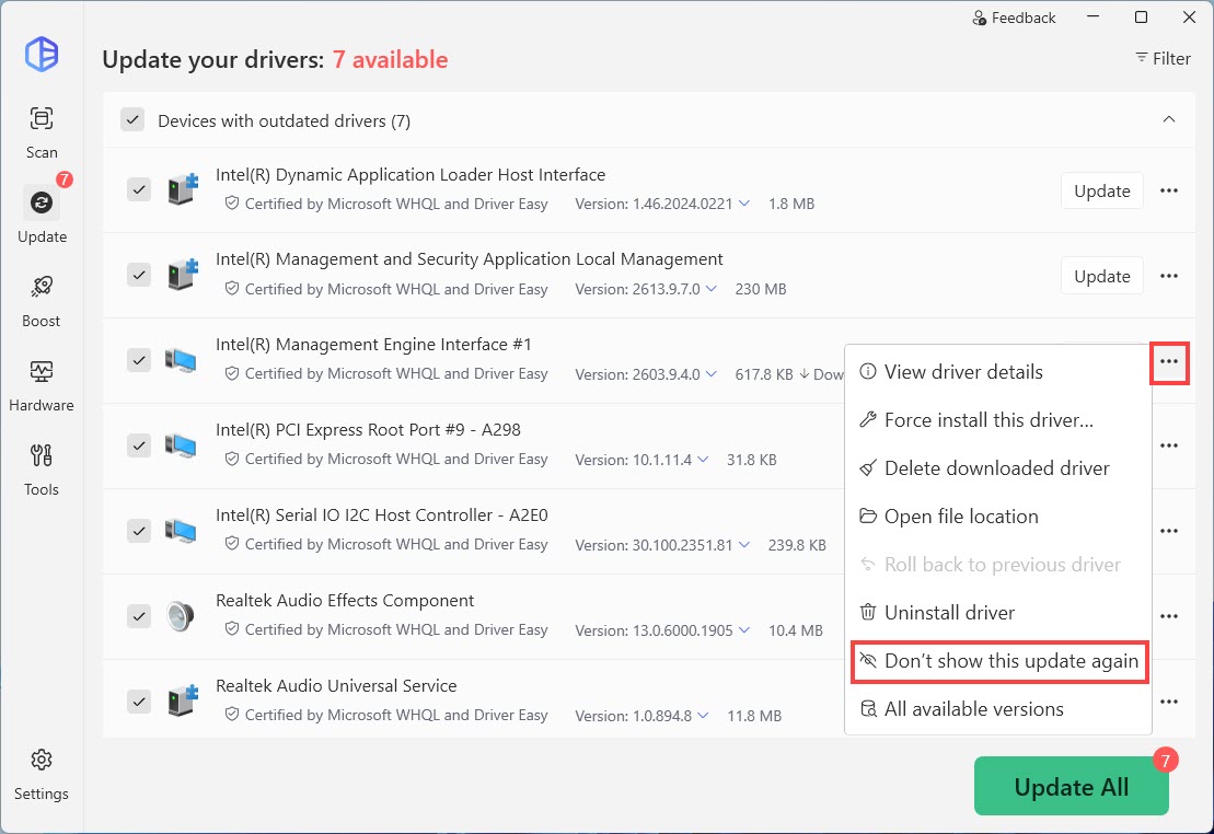 driver easy hide driver update