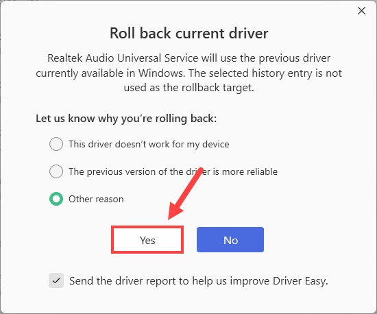 driver easy roll back to previous driver
