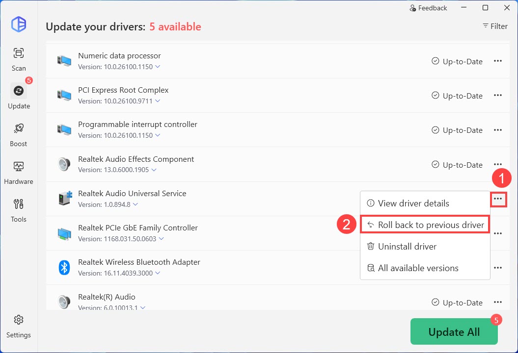 driver easy roll back to previous driver
