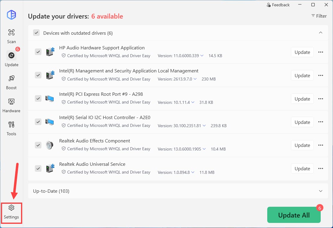 driver easy settings menu