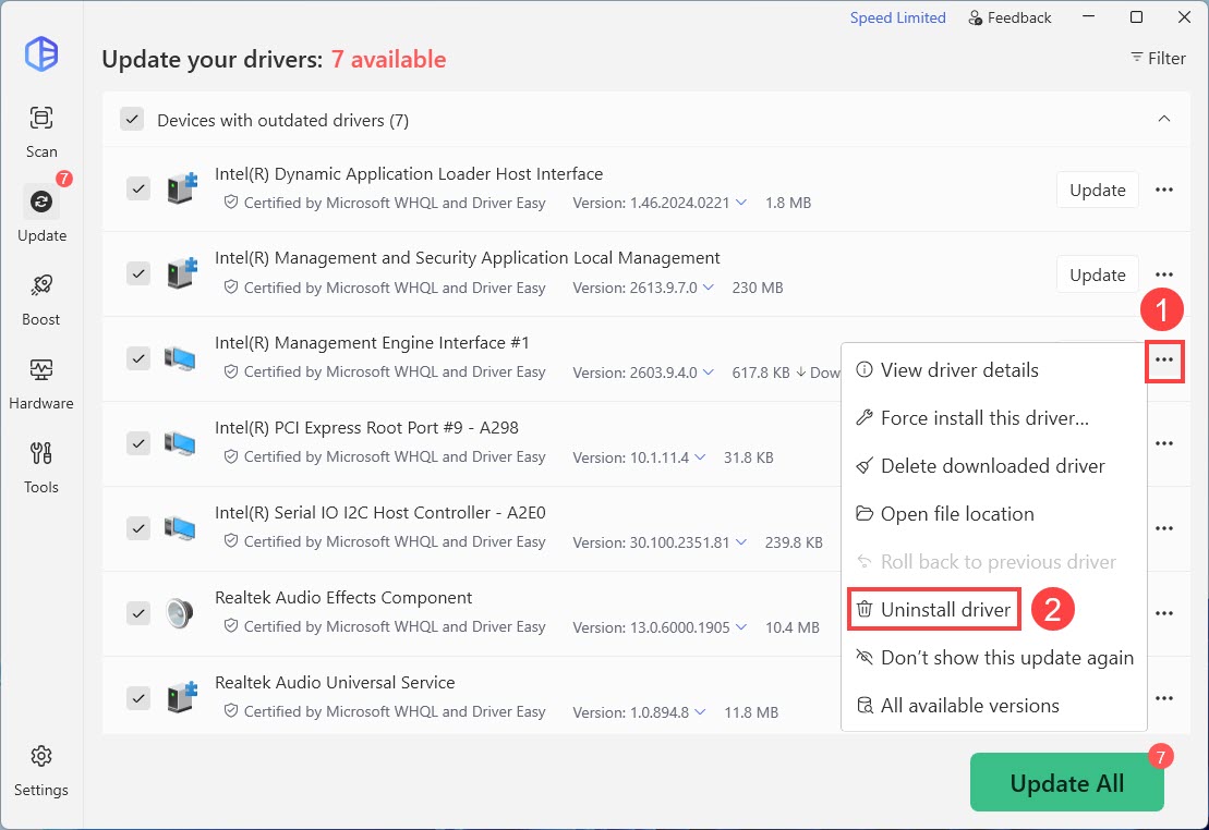 driver easy uninstall driver
