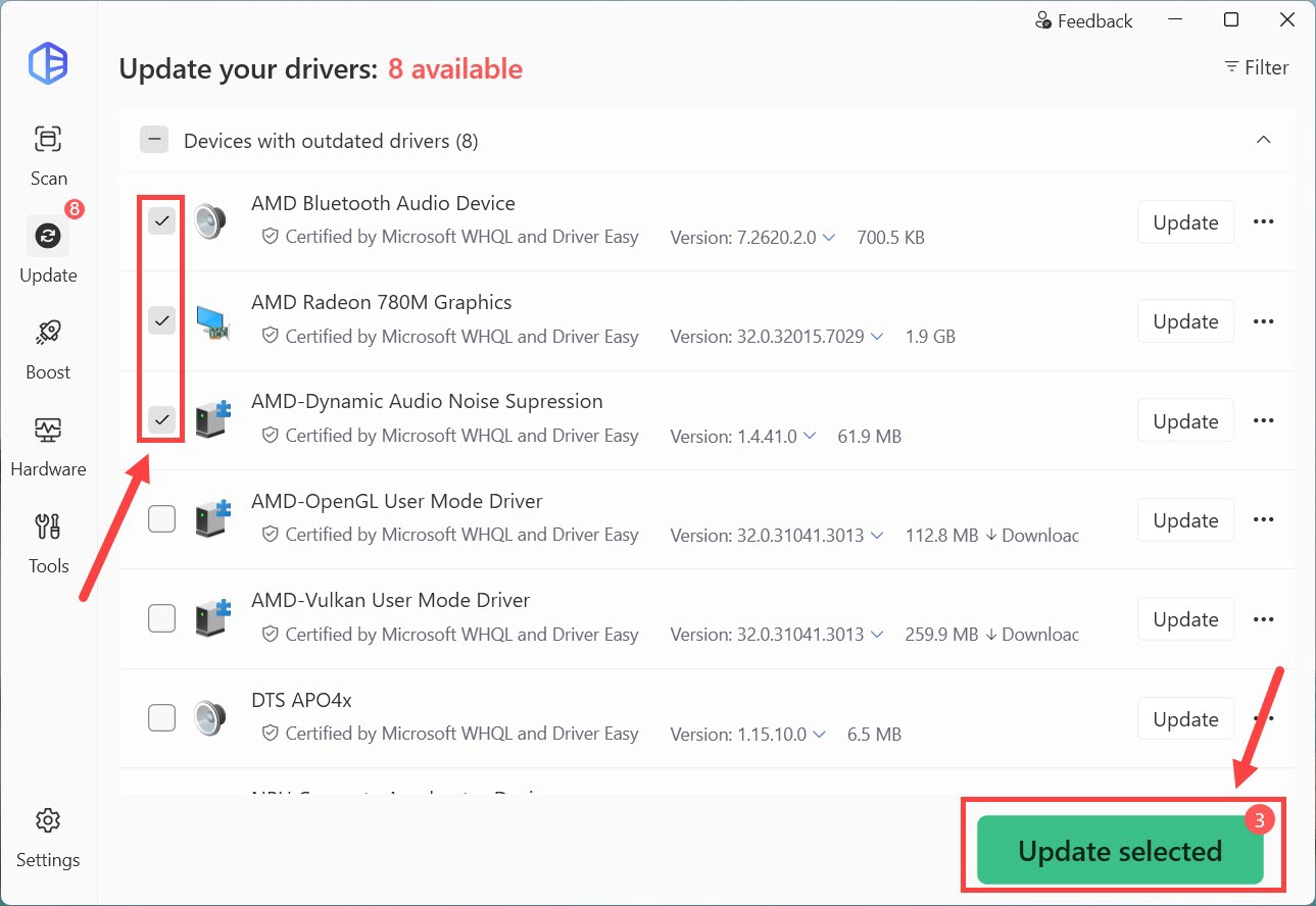 driver easy update multiple selected drivers