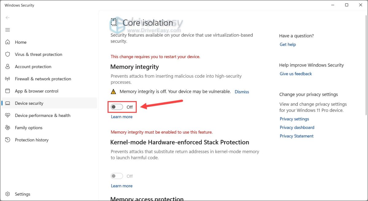 turn off memory integrity on windows 11