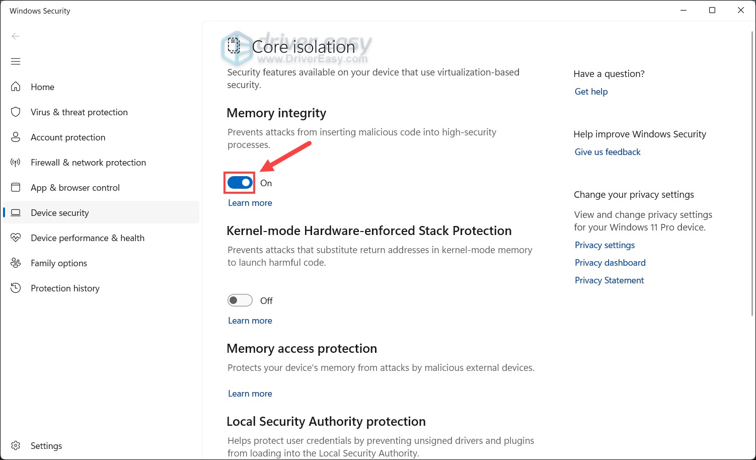 turn on memory integrity on windows 11