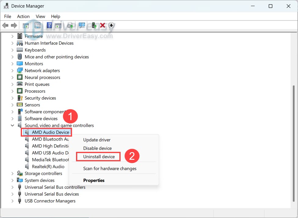 uninstall audio driver in device manager