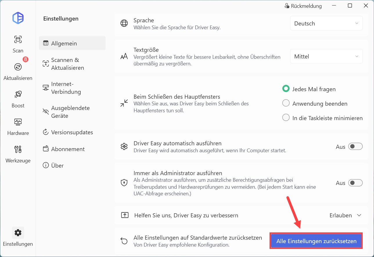 driver easy einstellungen Alle Einstellungen zurücksetzen