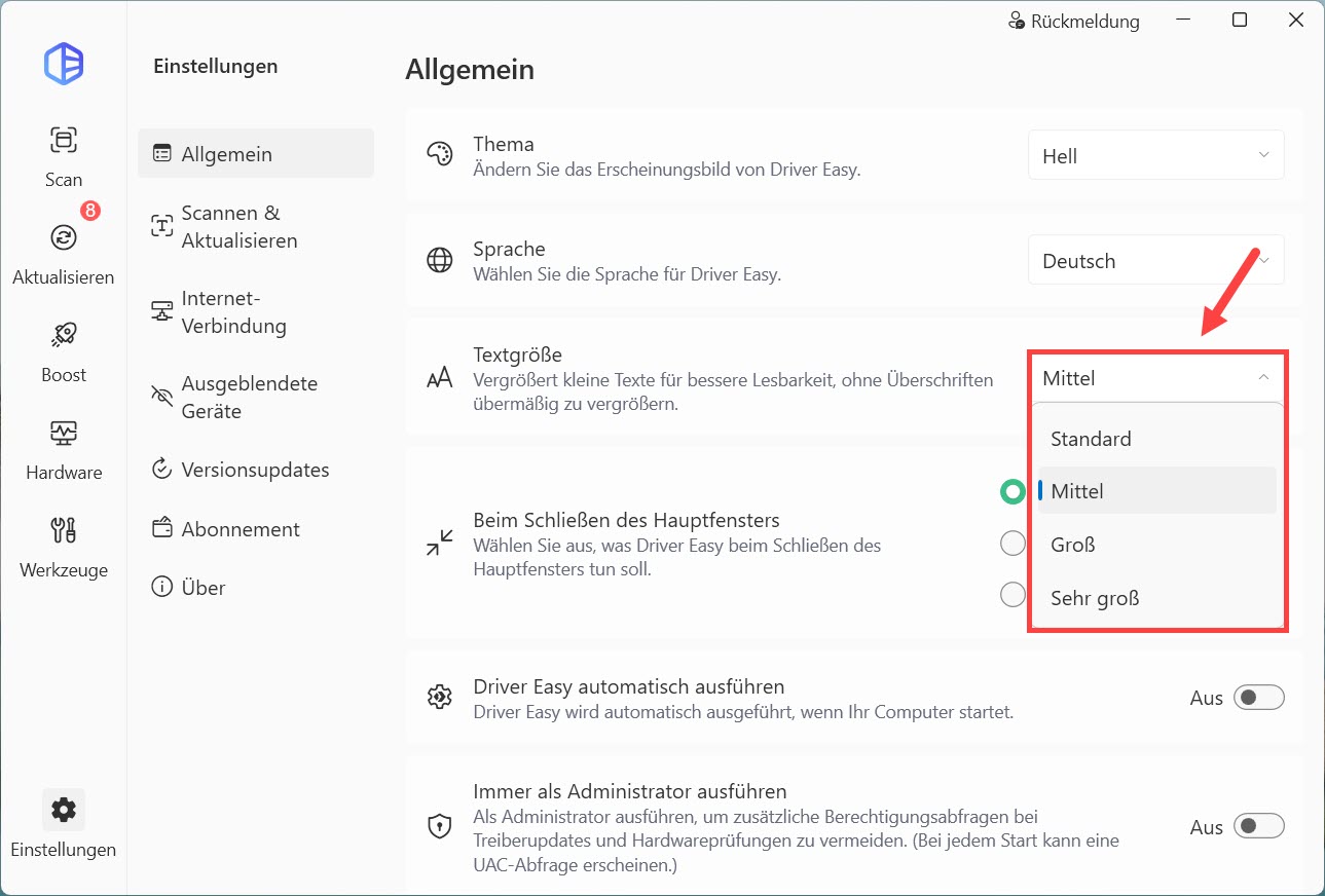 driver easy einstellungen Textgröße