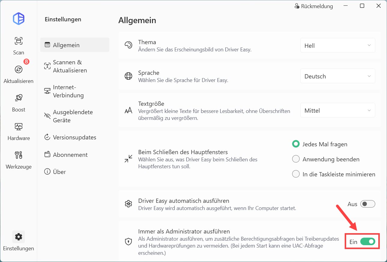 driver easy einstellungen immer als administrator ausführen