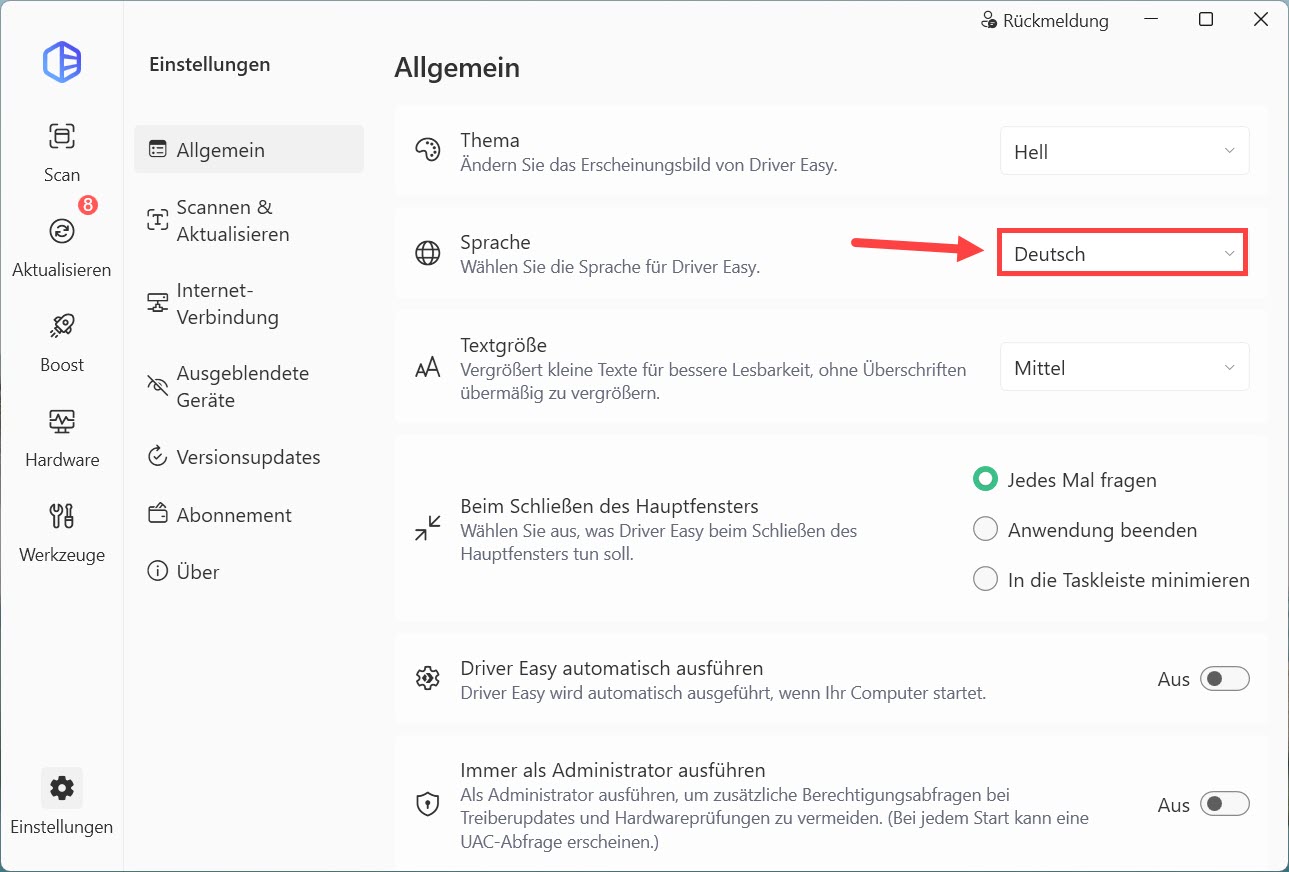 driver easy einstellungen sprache