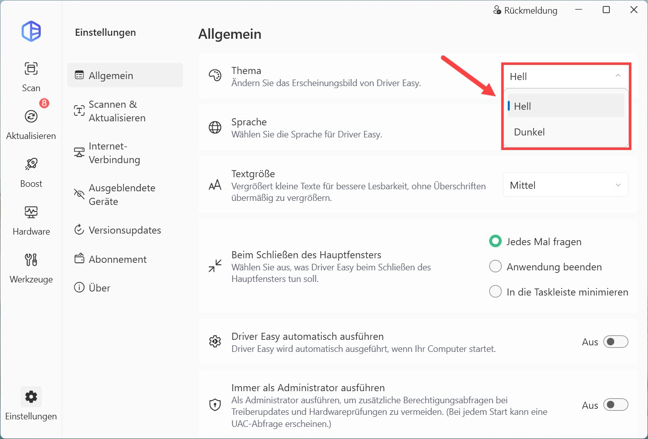 driver easy einstellungen thema