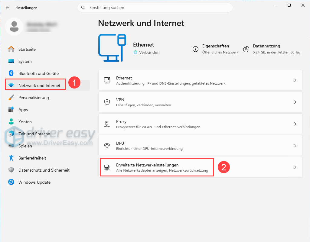 Windows-Einstellungen für Netzwerk und Internet