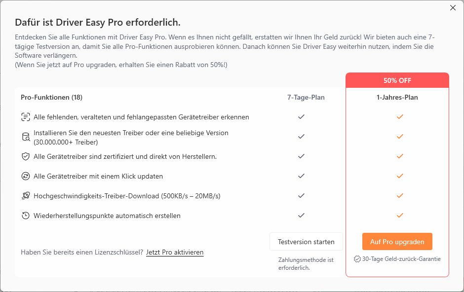 driver easy 7-tägige Testversion vs pro