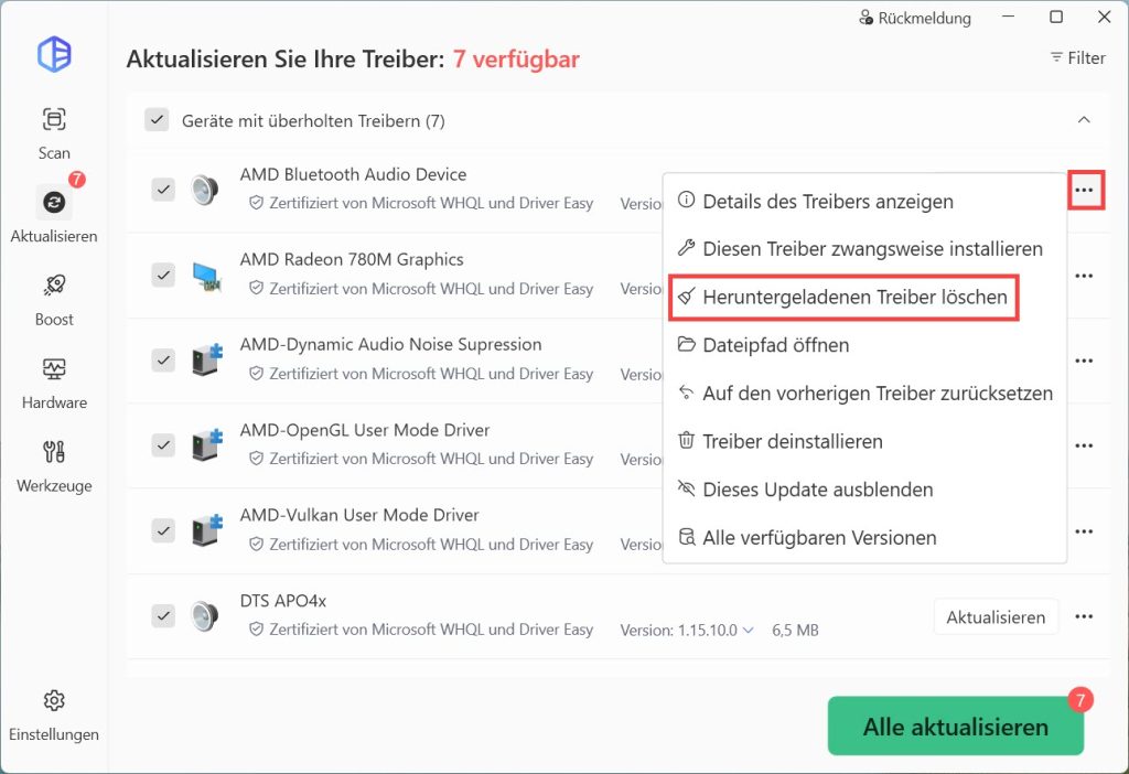 driver easy Heruntergeladenen Treiber löschen