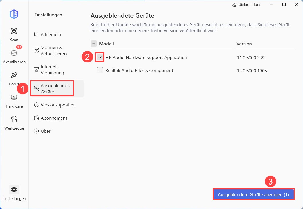 driver easy Ausgeblendete Geräte