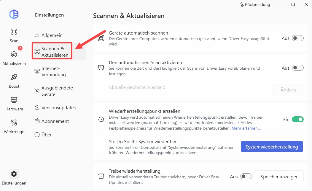 driver easy einstellungen scannen & aktualisieren