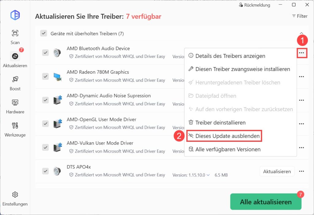 driver easy Versteckte Treiberaktualisierungen ausblenden oder anzeigen