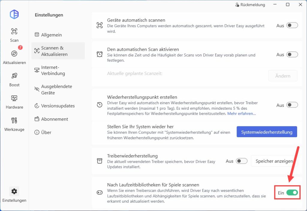 driver easy nach laufzeitbibliotheken für spiele scannen
